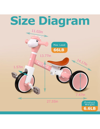 Triciclo Rosa para Niños 1-5 Años con Luz y Música
