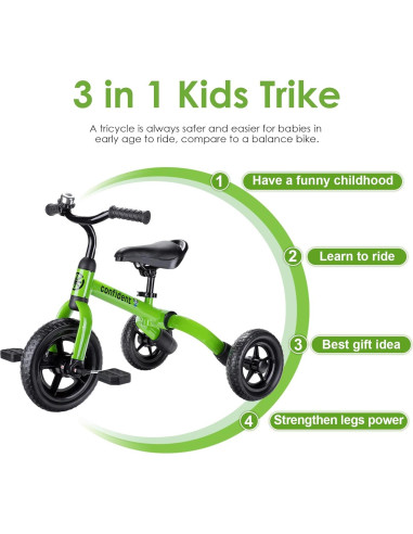 Triciclo 3 en 1 YGJT Verde para Niños 2 a 5 Años Ajustable