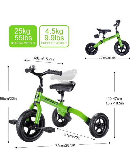 Triciclo 3 en 1 YGJT Verde para Niños 2 a 5 Años Ajustable