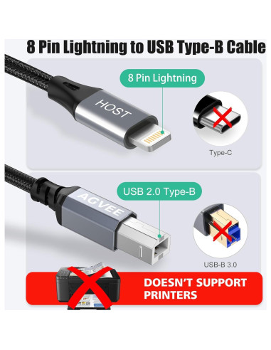 Cable MIDI USB Tipo-B AGVEE 1.5m Lightning OTG para iPhone