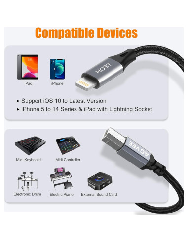 Cable MIDI USB Tipo-B AGVEE 1.5m Lightning OTG para iPhone