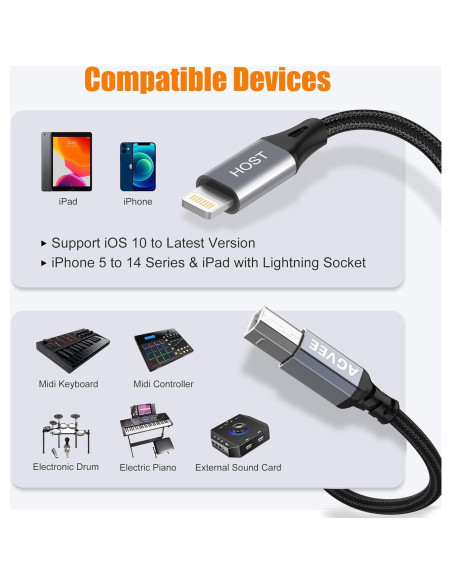 Cable MIDI USB Tipo-B AGVEE 1.5m Lightning OTG para iPhone