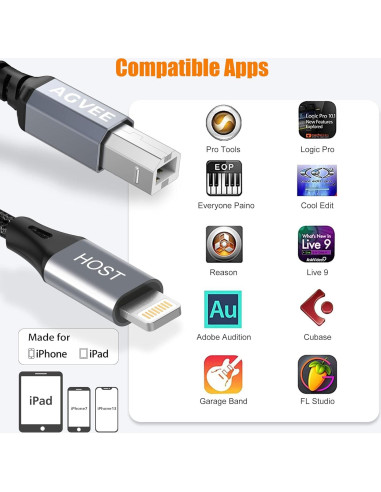 Cable MIDI USB Tipo-B AGVEE 1.5m Lightning OTG para iPhone