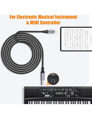 Cable MIDI USB Tipo-B AGVEE 1.5m Lightning OTG para iPhone