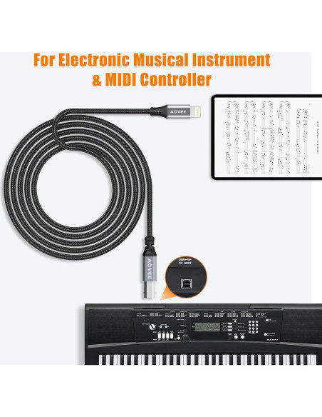 Cable MIDI USB Tipo-B AGVEE 1.5m Lightning OTG para iPhone