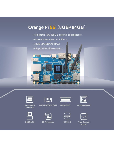 Orange Pi 5B 8GB LPDDR4 Rockchip RK3588S 64GB eMMC