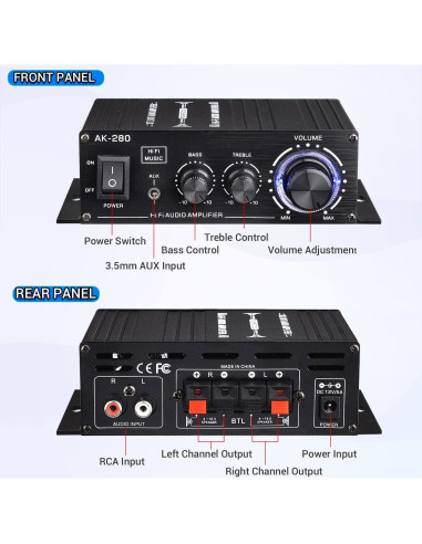 Amplificador de Potencia Facmogu AK280 200W 2.0 CH con Control de Graves