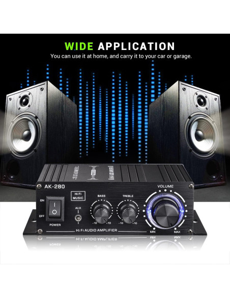 Amplificador de Potencia Facmogu AK280 200W 2.0 CH con Control de Graves