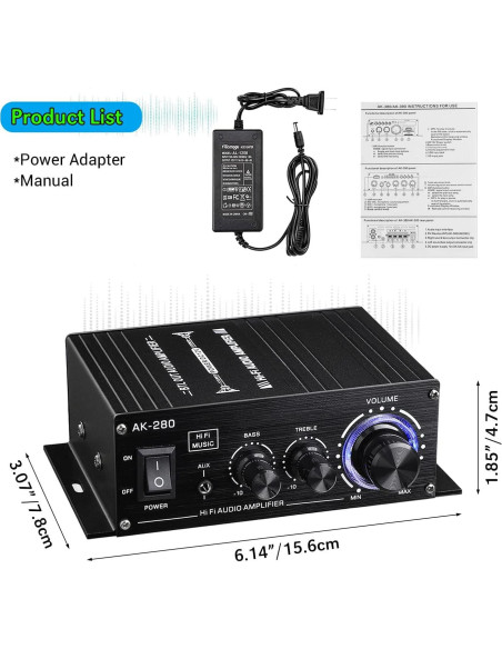 Amplificador de Potencia Facmogu AK280 200W 2.0 CH con Control de Graves