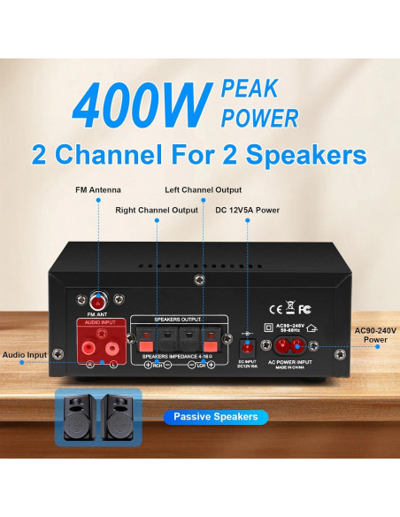 Amplificador Estéreo Bluetooth 5.0 AK45 400W 2 Canales