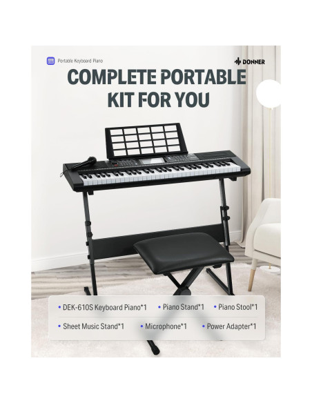 Piano Eléctrico Donner DEK-610S 61 Teclas con Kit Completo