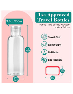 Paquete de 10 Botellas de Viaje 100 ml Aprobadas por TSA 2