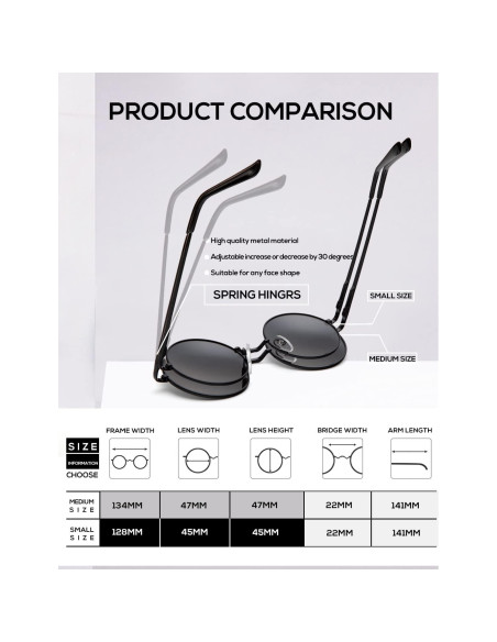 Gafas de sol redondas polarizadas KALIYADI UV400 metal negro