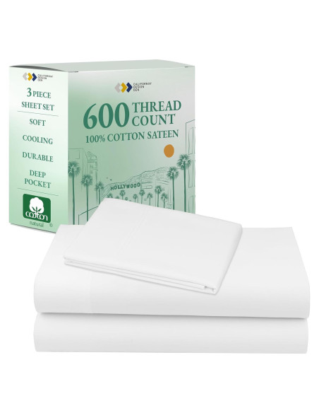 Conjunto de Sábanas Twin California Design Den 600 Hilos Algodón Satén Blanco