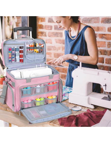 Funda de Máquina de Coser LUXJA Rosa con Ruedas y Bolsillos