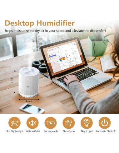 Humidificador Mini HOTBAG 350ml USB Silencioso Luz Nocturna