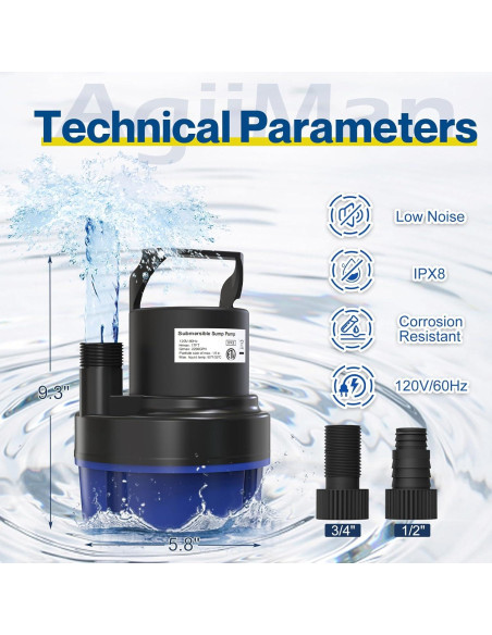 Bomba de Agua Sumergible AgiiMan 1/2HP 2500GPH para Drenaje