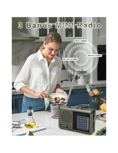 Radio Mini Portátil Ekevitte 3 Bandas Recargable con Auriculares
