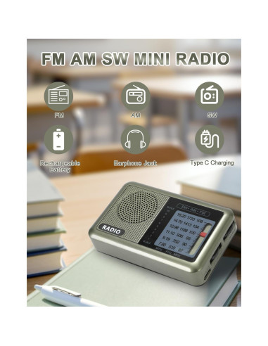 Radio Mini Portátil Ekevitte 3 Bandas Recargable con Auriculares