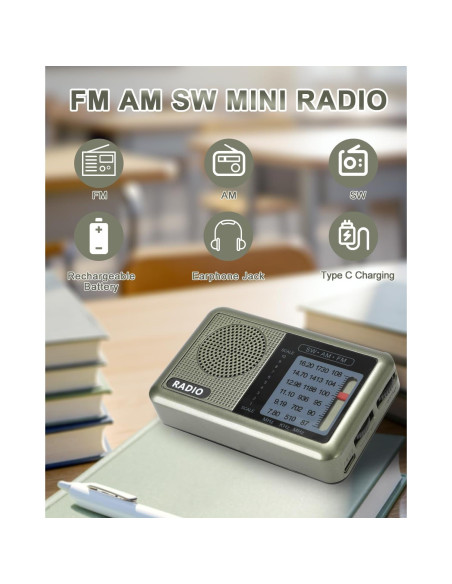 Radio Mini Portátil Ekevitte 3 Bandas Recargable con Auriculares