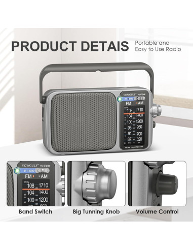 Radio portátil AM FM YOWGULF con Bluetooth y alimentación dual