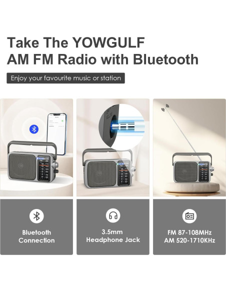 Radio portátil AM FM YOWGULF con Bluetooth y alimentación dual