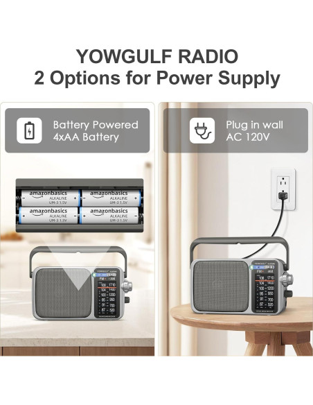 Radio portátil AM FM YOWGULF con Bluetooth y alimentación dual