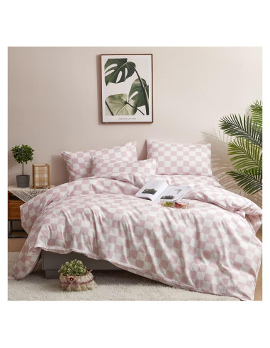 Conjunto de Edredón Cuadrado Rosa y Blanco Houseri Cal King