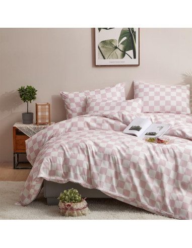 Conjunto de Edredón Cuadrado Rosa y Blanco Houseri Cal King