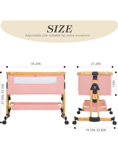 Cuna Lateral 3 en 1 RICUTON Rosa, 6 Alturas Ajustables, Plegable