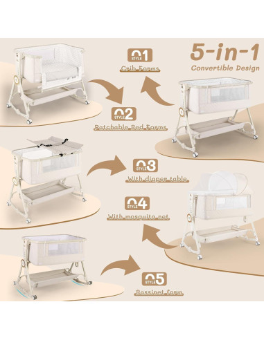 Cuna Lateral 5 en 1 FYYWBABY Beige con Mesa de Cambiar