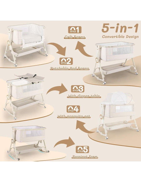 Cuna Lateral 5 en 1 FYYWBABY Beige con Mesa de Cambiar Cuna Lateral 5 en 1 FYYWBABY Beige con Mesa de Cambiar
