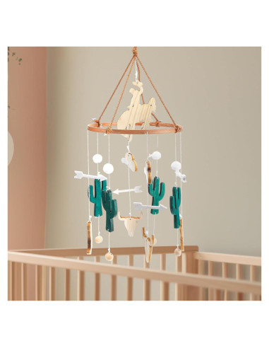 Móvil de cuna vaquero boho de madera con campana - 24x23 cm