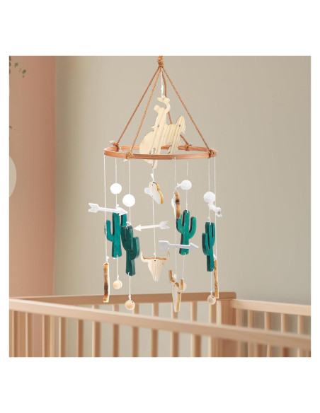 Móvil de cuna vaquero boho de madera con campana - 24x23 cm