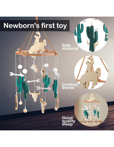 Móvil de cuna vaquero boho de madera con campana - 24x23 cm
