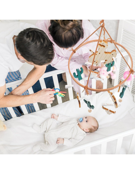 Móvil de cuna vaquero boho de madera con campana - 24x23 cm