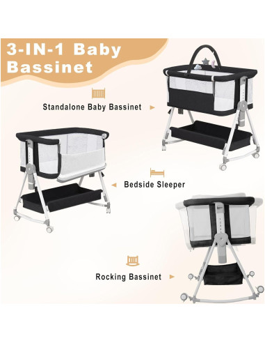 Cuna Lateral 3 en 1 MEICHYUN Negra Plegable con Juguetes