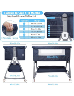 Cuna Lateral Nujett Ajustable 3 en 1 para Bebés Azul Marino 2