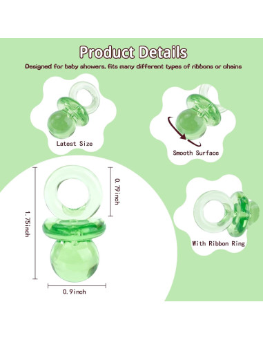36 Chupetes Acrílicos Verdes para Baby Shower 4.45 cm