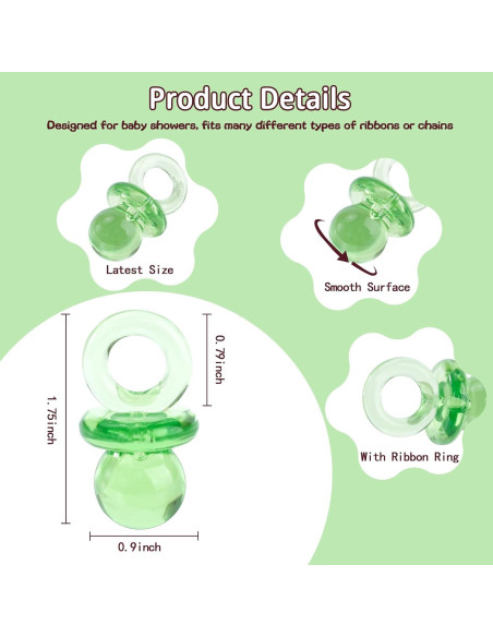 36 Chupetes Acrílicos Verdes para Baby Shower 4.45 cm