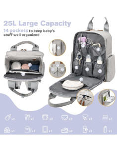 Mochila para Pañales Unisex Gris Claro con Cambiador Portátil 2