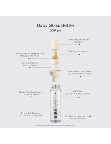 BIBS Botellas de Vidrio para Bebés 225 ml Anti-Cólicos