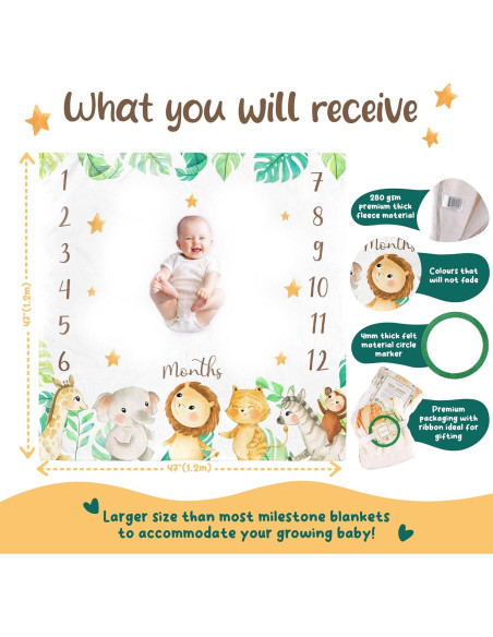 Manta de Hitos Mensuales KooKooBaby 119cm Forro Polar Animales