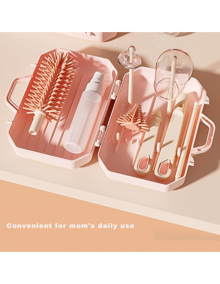 Juego de Cepillos de Botella PandaEar Rosa - 6 en 1 Portátil