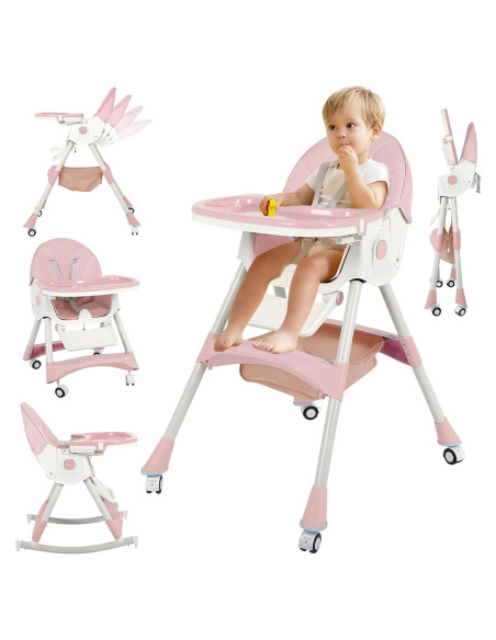 Silla Alta Plegable 6 en 1 Rosa - Bebés con Ruedas Ajustables