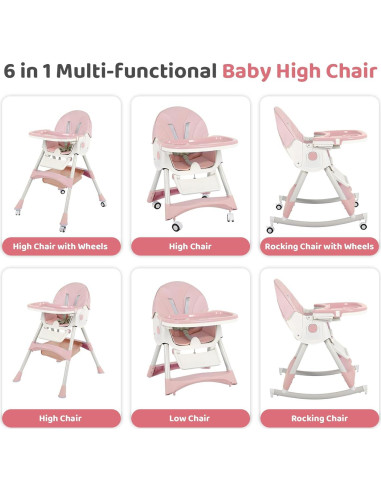 Silla Alta Plegable 6 en 1 Rosa - Bebés con Ruedas Ajustables
