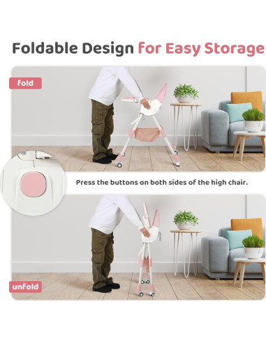 Silla Alta Plegable 6 en 1 Rosa - Bebés con Ruedas Ajustables