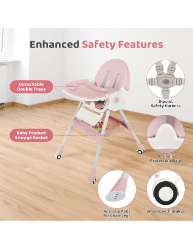 Silla Alta Plegable 6 en 1 Rosa - Bebés con Ruedas Ajustables