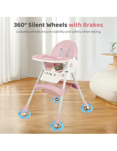 Silla Alta Plegable 6 en 1 Rosa - Bebés con Ruedas Ajustables