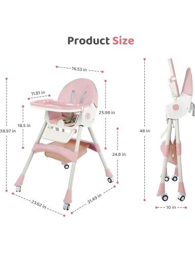 Silla Alta Plegable 6 en 1 Rosa - Bebés con Ruedas Ajustables
